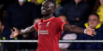 Liverpool’s Sadio Mane celebrates scoring their third goal during the Champions League semi final against Villarreal at the Estadio de la Ceramica, Villarreal in May.