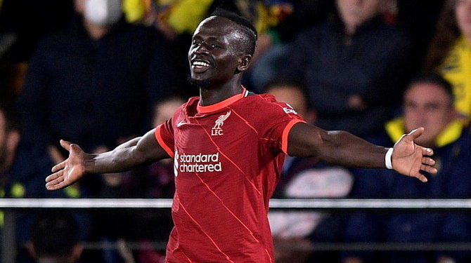 Liverpool’s Sadio Mane celebrates scoring their third goal during the Champions League semi final against Villarreal at the Estadio de la Ceramica, Villarreal in May.